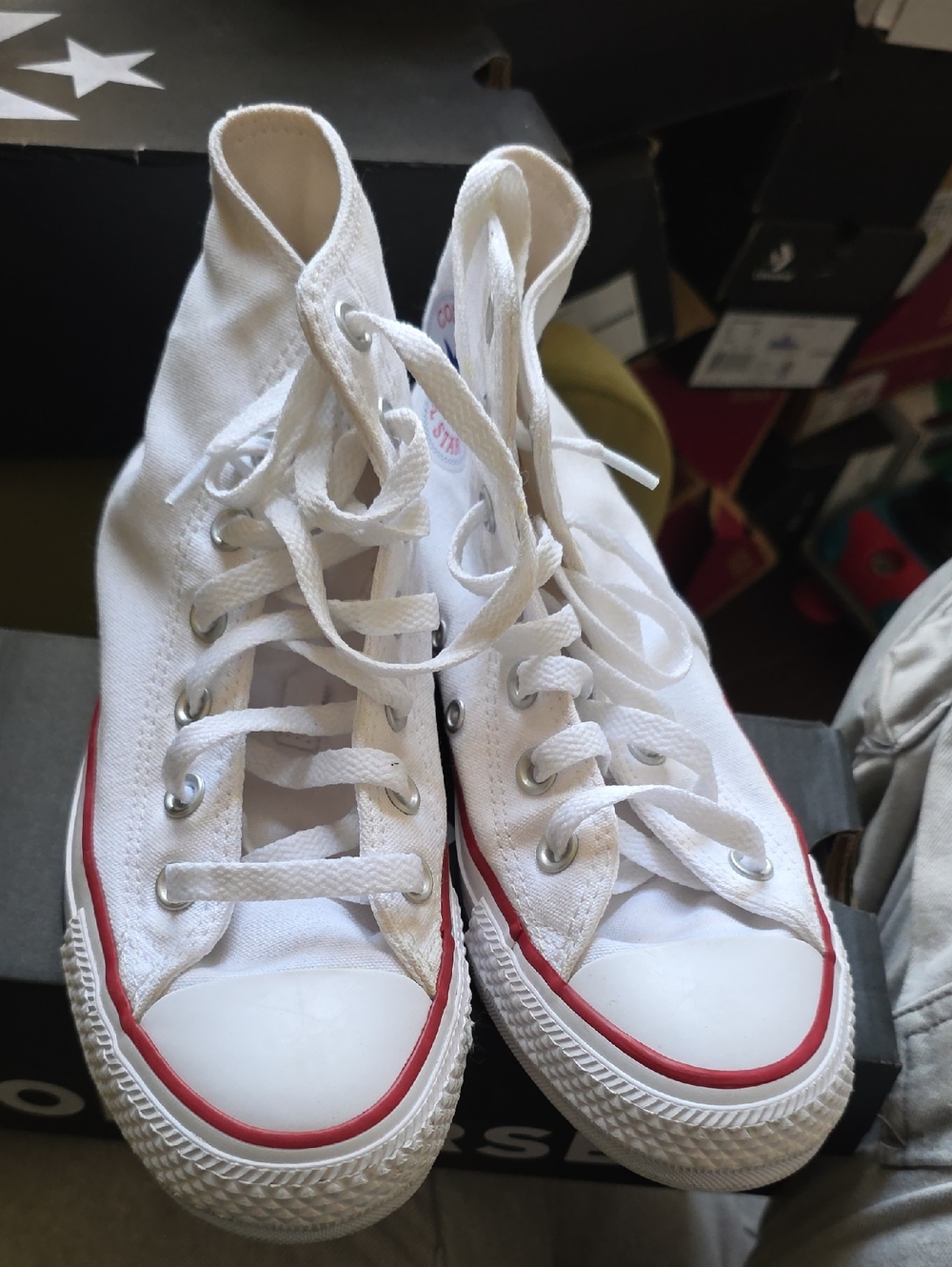 Converse White High Top Sneakers with Red Trim